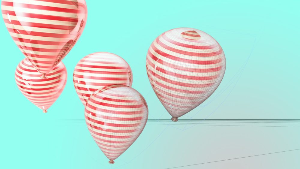 Striped balloons. A fade between the work window in Cinema 4D, and the final render.