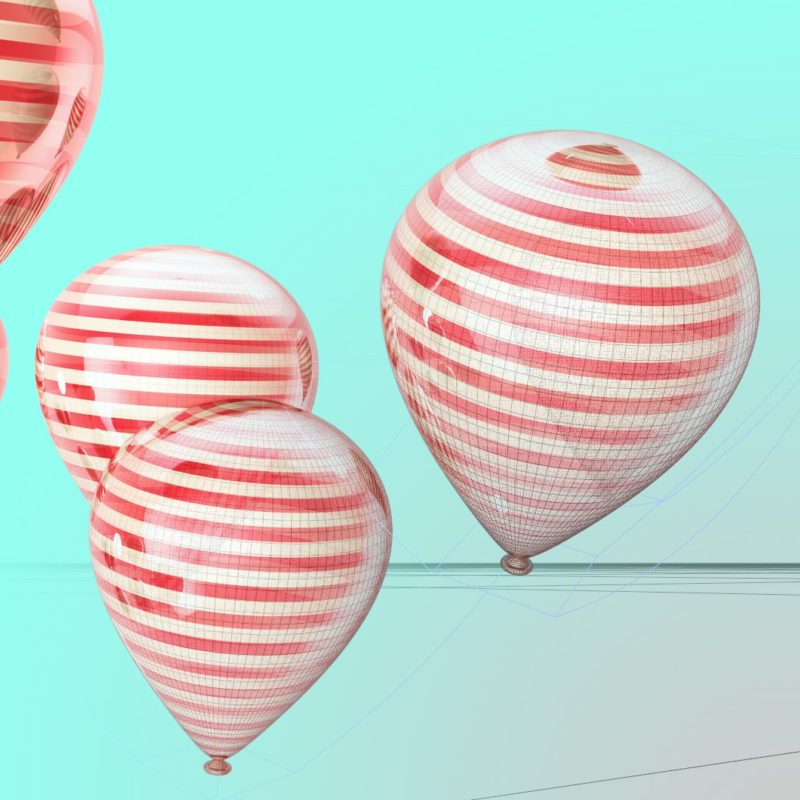 Striped balloons. A fade between the work window in Cinema 4D, and the final render.